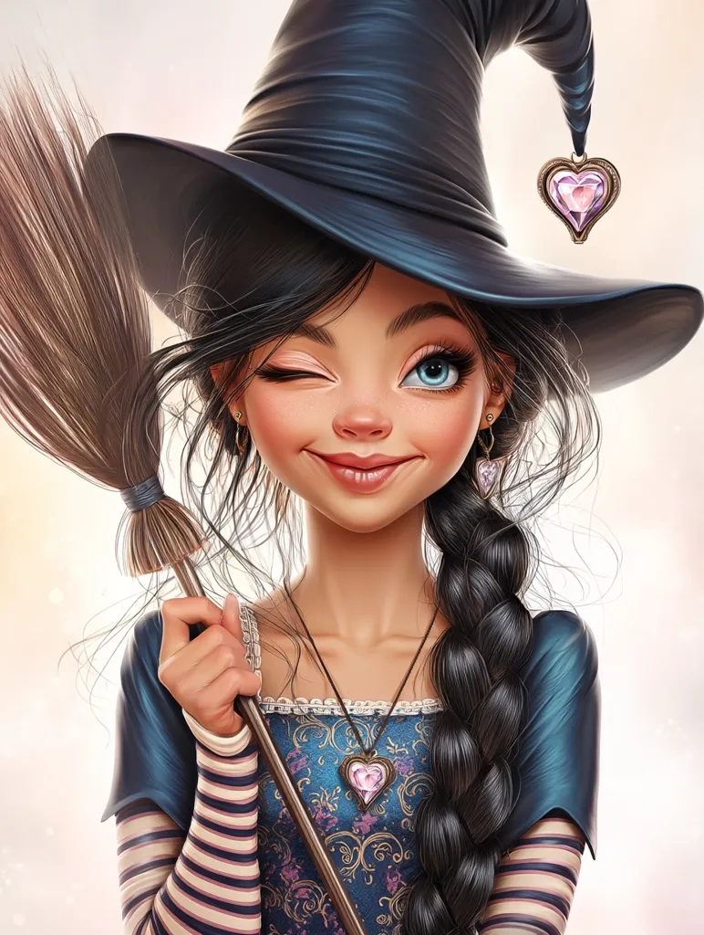 A charming cartoon witch winks playfully.  She wears a large, dark hat adorned with a heart-shaped pendant, a blue dress with ornate detailing, and a striped sleeve. Her long black braid falls down her back.  She holds a broomstick, her expression sweet and mischievous. The style is whimsical and detailed, with a focus on vibrant colors and expressive features.