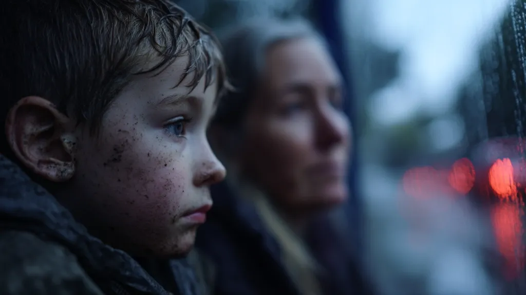 A young boy, his face smudged with dirt, sits beside a woman, both gazing out a rain-streaked window.  Their expressions are somber, reflecting a mood of weariness or apprehension.  Blurred city lights and rain droplets on the glass create a somber, atmospheric backdrop. The image conveys a sense of displacement or hardship.