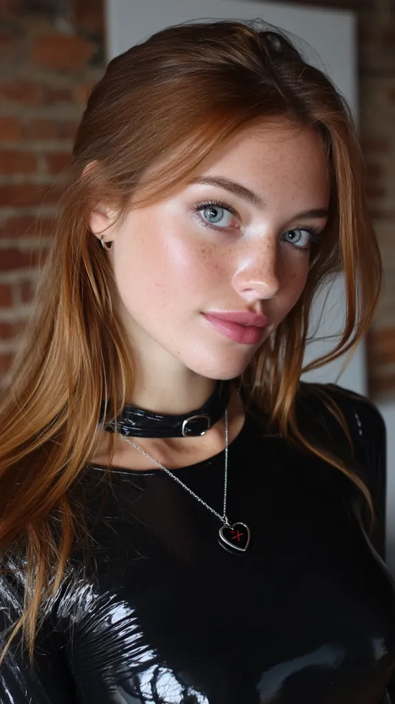 A young woman with long, auburn hair and light freckles gazes directly at the camera.  Her makeup is subtly done, highlighting her light eyes and full lips. She wears a black, shiny top and a black choker necklace, along with a delicate silver necklace featuring a small, dark heart pendant. The background is blurred, showcasing a brick wall.  The overall impression is one of edgy sophistication.