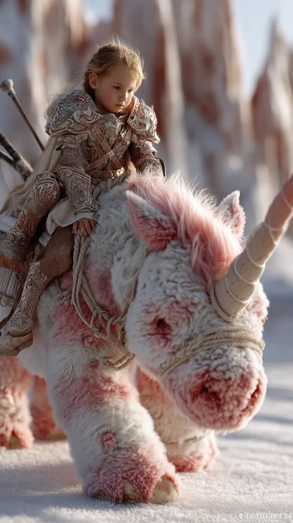A young girl, dressed in ornate, light-brown armor, sits atop a fluffy, pink-and-white unicorn.  The scene is set in a snowy, ethereal landscape, with blurred, icy structures in the background. The girl's serious expression contrasts with the whimsical nature of her mount.  She holds the reins, appearing ready for adventure. The overall mood is one of fantasy and quiet determination.
