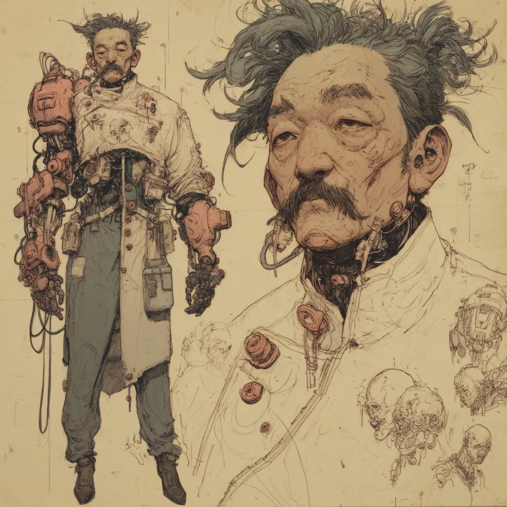 A detailed sketch showcases a man, possibly a scientist or inventor, with a prominent mustache and wild hair. He's depicted in a lab coat, his arms replaced with intricate robotic prosthetics,  suggesting a blend of organic and technological elements.  A closer, more detailed portrait of his face is also presented, alongside smaller sketches of mechanical components and possibly human skulls, hinting at a dystopian or cyberpunk setting.  The style is reminiscent of concept art or character design, employing a range of line weights and shading to create texture and depth.