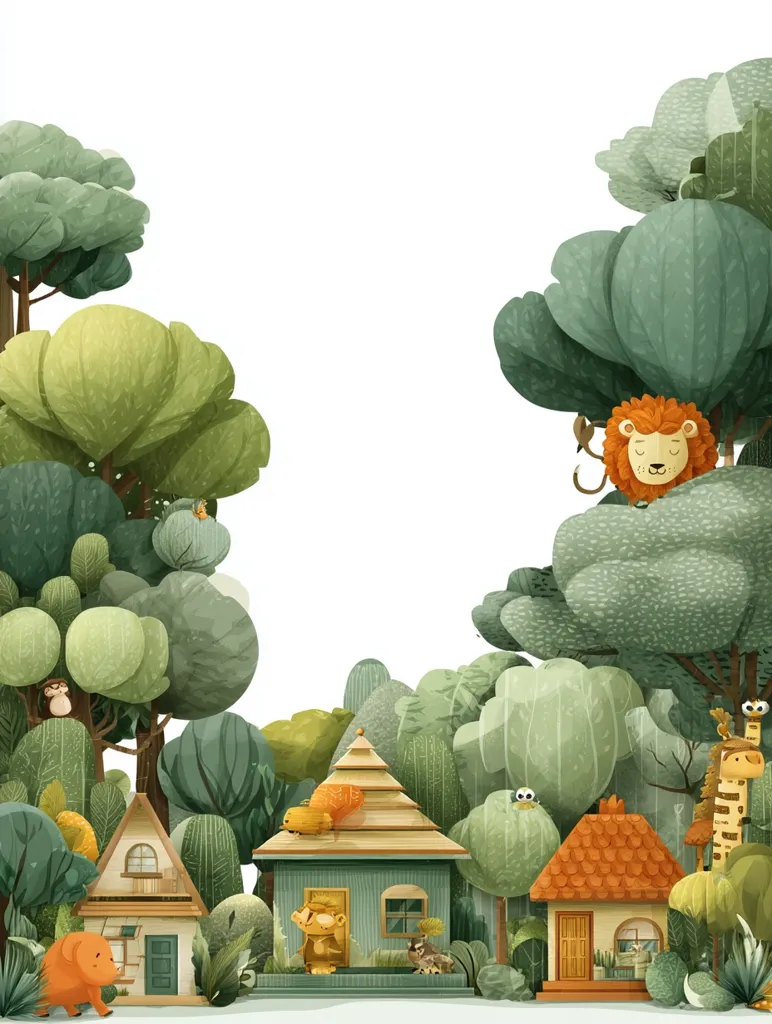 A whimsical illustration depicts a charming forest scene with adorable animal houses nestled among lush green trees.  A lion rests in a tree, while a giraffe and other animals peek from behind foliage.  Small, quaint houses, hinting at a friendly animal community, are the focal point. The style is vibrant and cartoonish, perfect for children's books or whimsical décor.