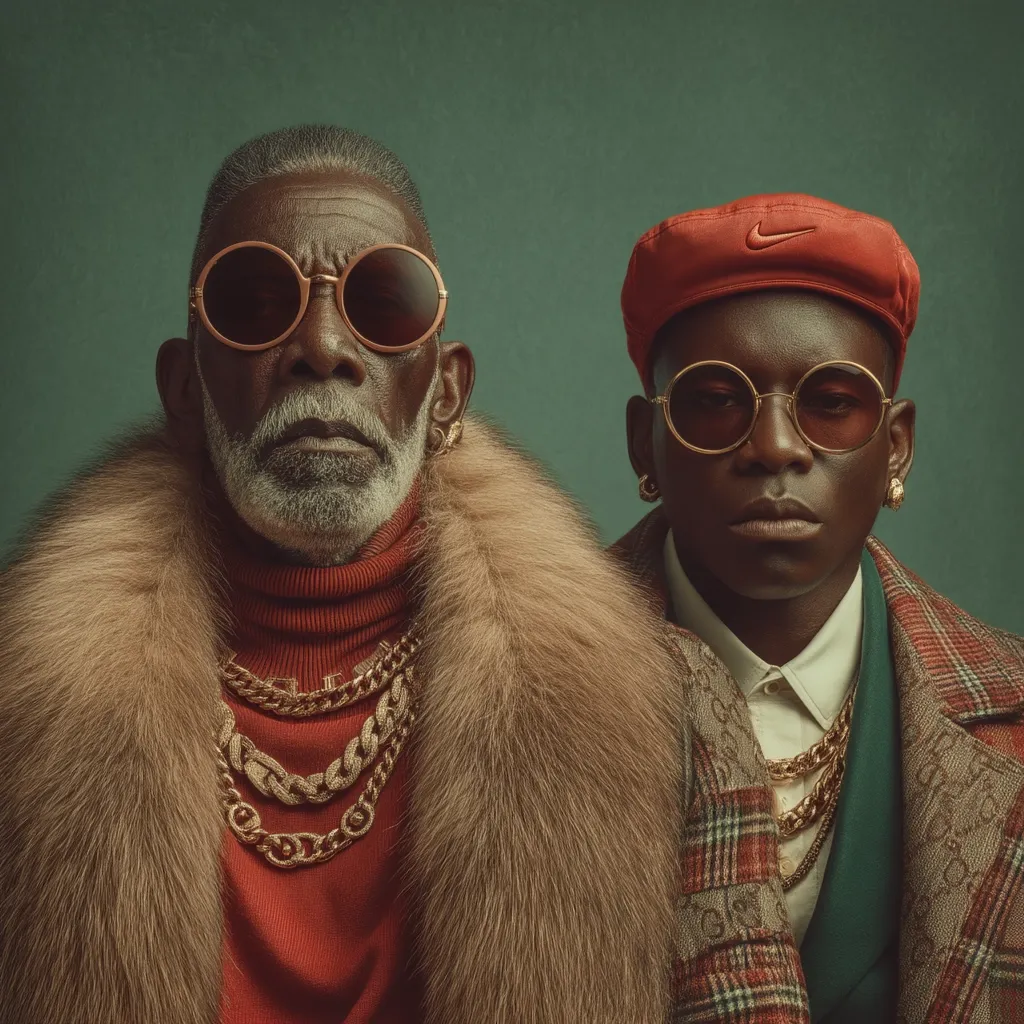 A stylish older Black man with a thick, light brown fur collar, red turtleneck, and gold chains is posed next to a younger Black man in a red newsboy cap and a plaid jacket.  Both men wear round, gold-rimmed sunglasses and gold necklaces. The image is sharply focused, with a muted green background. The overall aesthetic is one of sophisticated, fashionable coolness.