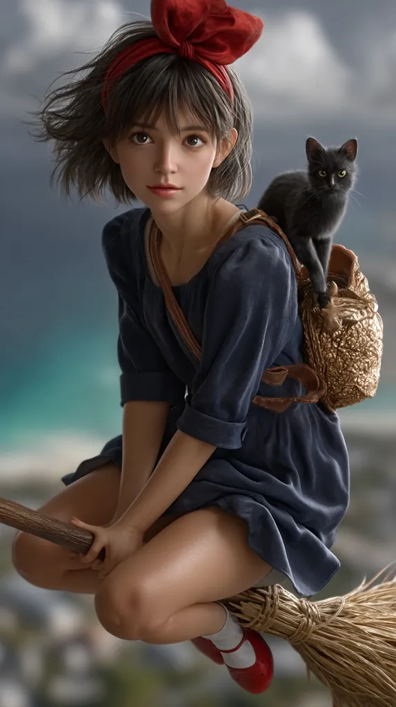 A young girl with short brown hair and a red bow sits on a broomstick, a black cat perched on her gold backpack.  She's wearing a dark blue dress and red shoes. The realistic rendering evokes a whimsical, possibly magical, atmosphere.  The background suggests a scenic, possibly coastal, view. The overall style is hyperrealistic and detailed.
