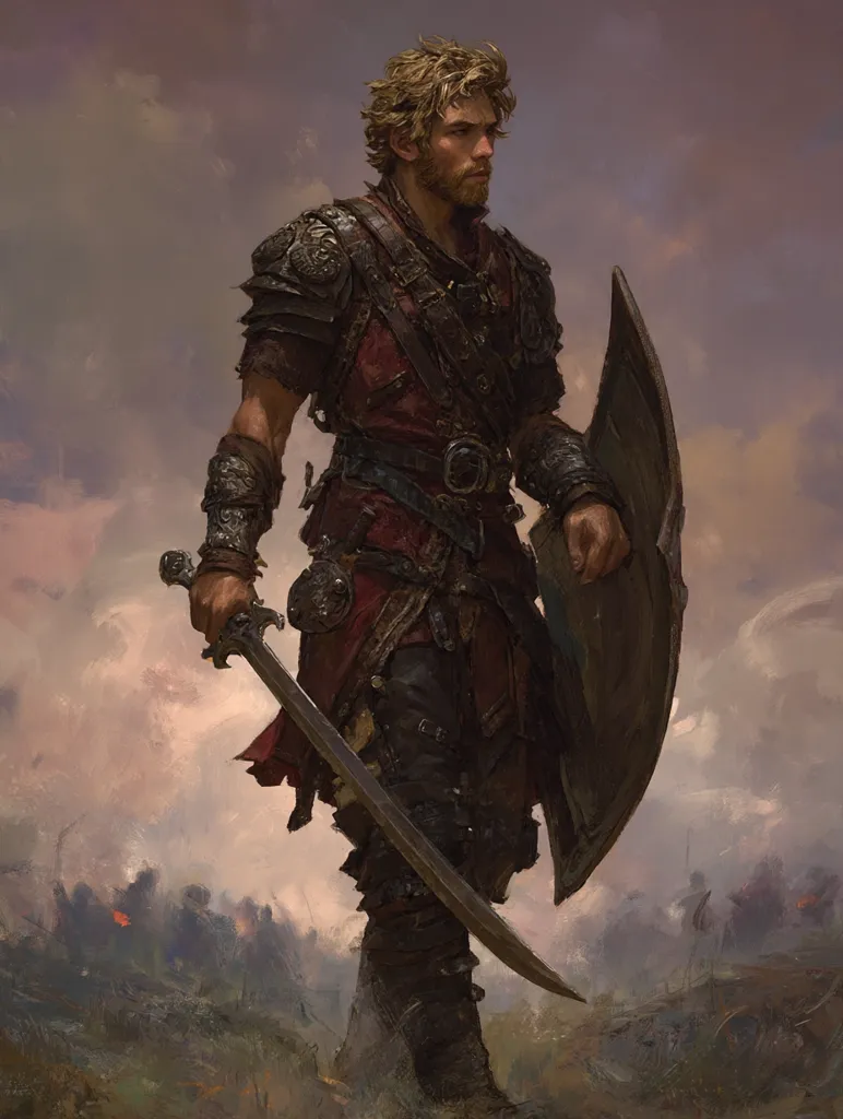 A lone male warrior, clad in weathered leather and metal armor, stands amidst a hazy battlefield.  His blond hair and beard are slightly disheveled. He holds a long sword and a large, oval shield, his gaze directed forward with a serious expression. The background suggests a recent or ongoing conflict, with figures blurred in the distance. The overall mood is one of grim determination and weary resilience.