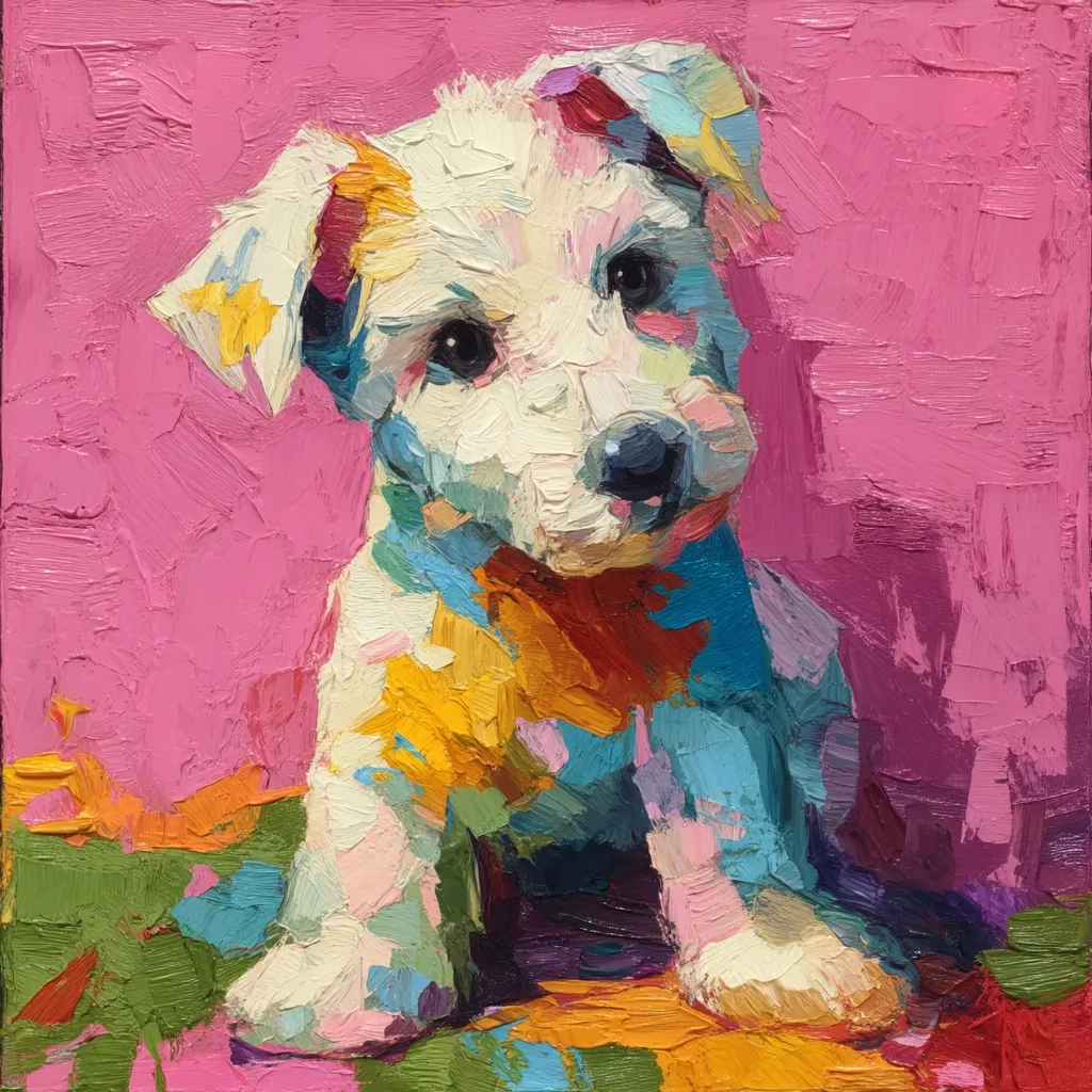 A vibrant impasto painting depicts a fluffy white puppy seated against a hot pink background.  The artist uses bold strokes of various colors, including yellows, blues, and oranges, to create a textured and expressive portrait. The puppy's features are softly rendered, with dark eyes and a sweet expression. The overall effect is cheerful and playful.