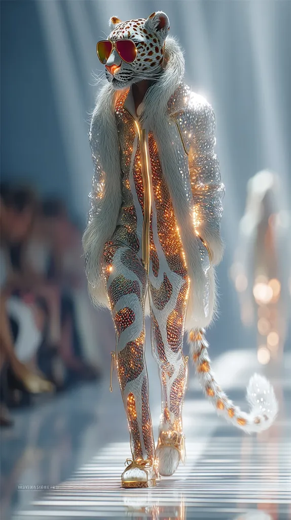 A digital rendering depicts a snow leopard-headed model strutting down a runway.  The model wears a dazzling, light-emitting jumpsuit and a fluffy white coat, accessorized with stylish sunglasses. The outfit's design incorporates a leopard print pattern, enhanced by glittering, golden highlights.  The runway is sleek and reflective, adding to the futuristic and glamorous ambiance. The image blends animalistic features with high fashion in a striking visual.