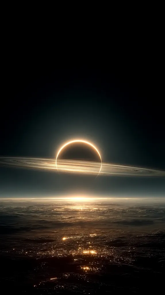 A breathtaking cosmic scene unfolds: a luminous ring encircles a celestial body, its golden glow illuminating the planet below.  Dark space surrounds the ringed planet, while a horizon showcases a sun-kissed landscape, possibly a planet's surface, speckled with glittering lights. The image evokes a sense of awe and wonder, suggesting an alien world bathed in ethereal light.