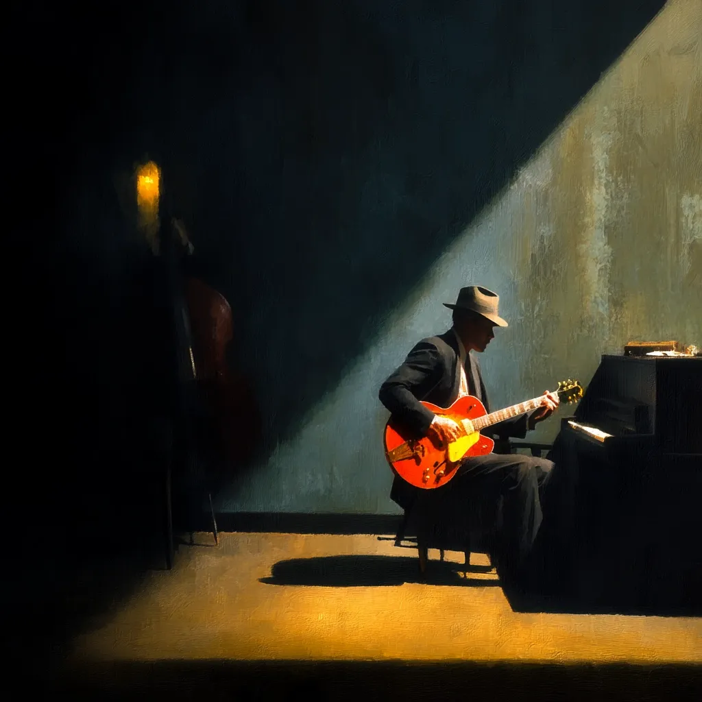 A dimly lit room, bathed in a single shaft of light, reveals a man in a fedora seated at a piano. He cradles a vibrant orange electric guitar, his form suggesting a moment of musical contemplation.  A shadowy figure and upright bass stand in the background, adding depth to the scene. The overall mood is one of quiet intensity and artistic expression.