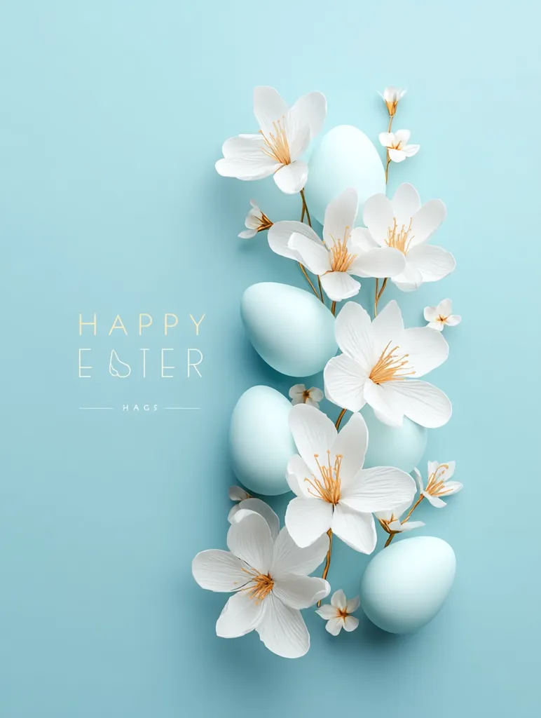 A minimalist Easter greeting features light blue pastel eggs nestled amongst delicate white paper flowers on a pale blue background.  The phrase "Happy Easter" is elegantly displayed, creating a serene and festive image perfect for spring celebrations. The overall aesthetic is clean, modern, and visually appealing.