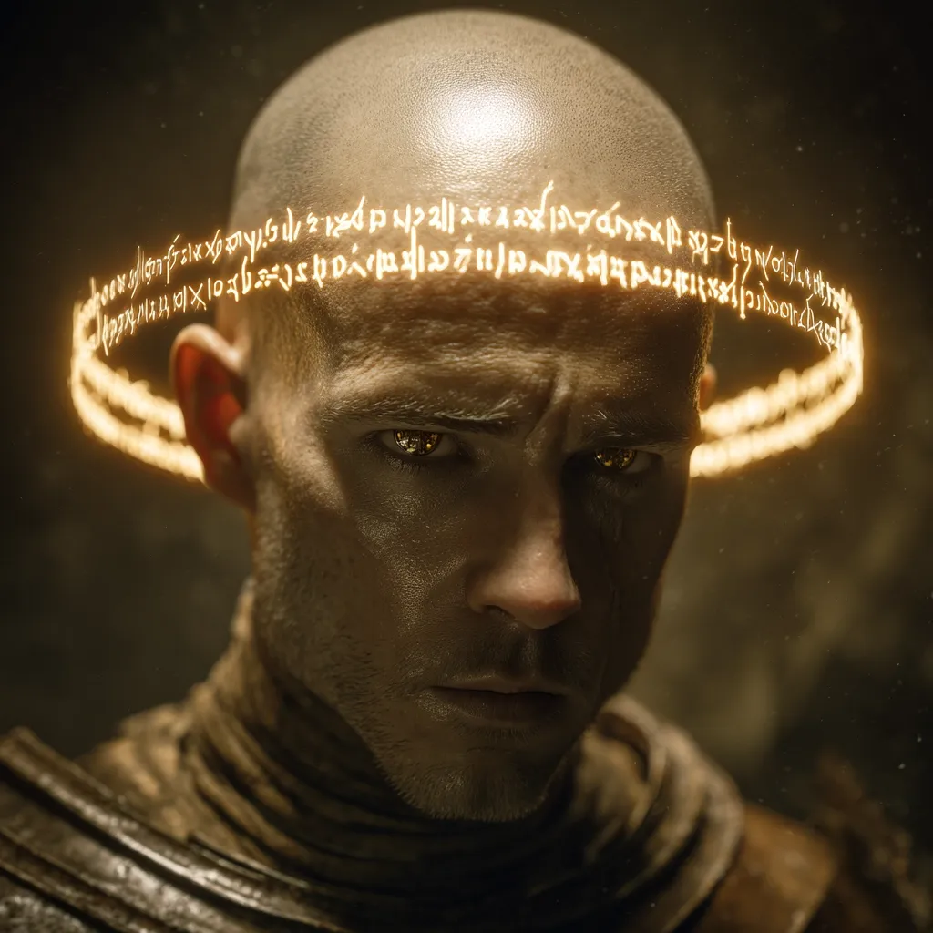 A close-up portrait of a bald, serious-looking man with glowing, golden runes circling his head. His intense gaze and expression convey power and mystery.  The dark background and the ethereal glow enhance the image's dramatic and possibly mystical or otherworldly atmosphere. The man's attire appears dark and simple, focusing attention on his face and the glowing symbols.