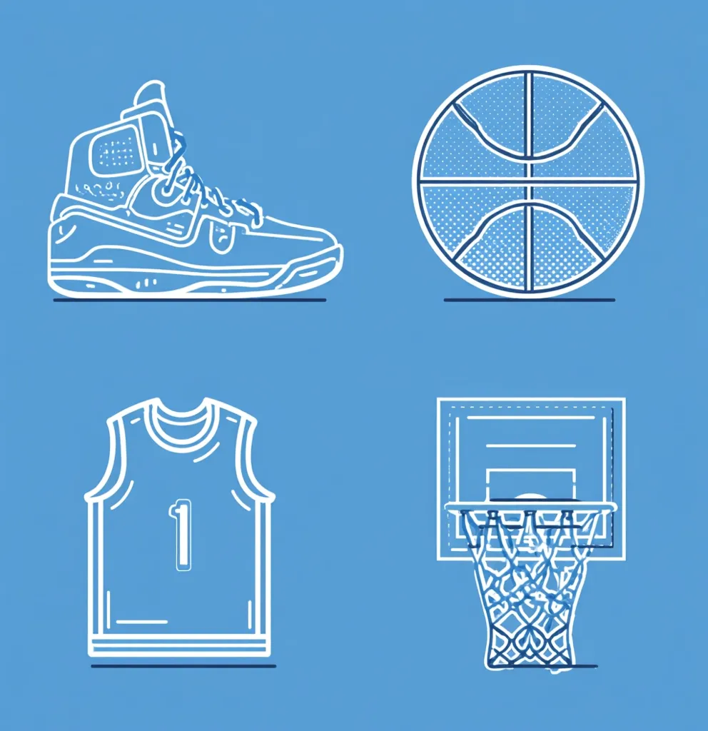 A light blue background showcases line drawings of basketball equipment.  A high-top basketball shoe, a basketball, a jersey with the number one, and a basketball hoop are depicted in a simple, clean style.  The consistent line weight and color create a unified and aesthetically pleasing design.