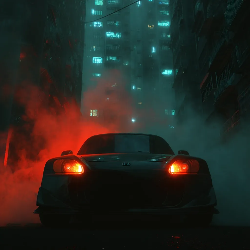 A dark-colored Honda S2000 sports car is parked in a narrow, dimly lit alleyway between tall buildings.  Red smoke billows around the car, illuminating its headlights.  The buildings' windows glow with a teal light, creating a cyberpunk-esque atmosphere. The scene is moody and atmospheric, emphasizing the car's sleek design and the urban setting's grit.