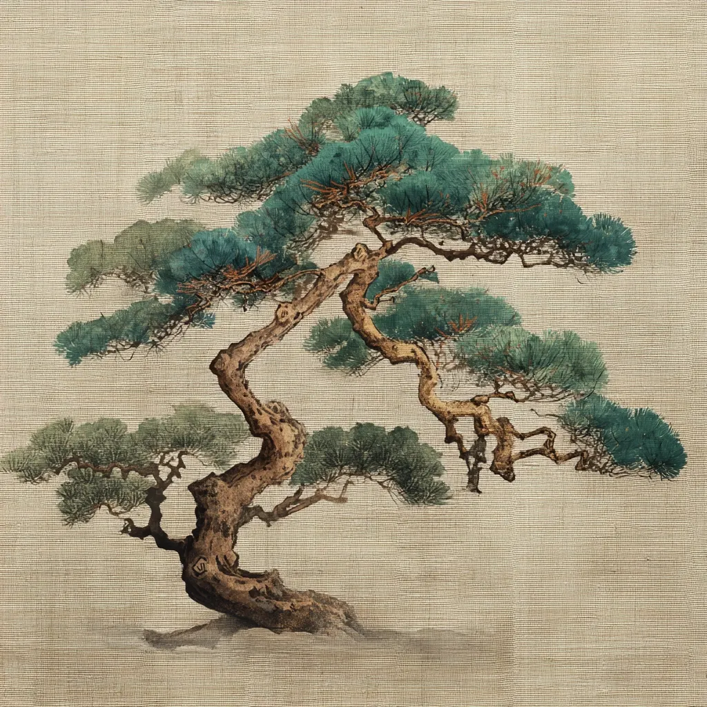 A stylized painting depicts a majestic pine tree, its gnarled, brown trunk twisting upwards to support a canopy of teal-green needles.  The branches spread widely, creating a sense of age and resilience. The artwork is rendered in a style reminiscent of traditional East Asian art, with soft washes of color against a textured, beige background resembling linen or silk. The overall effect is one of serenity and timeless beauty.