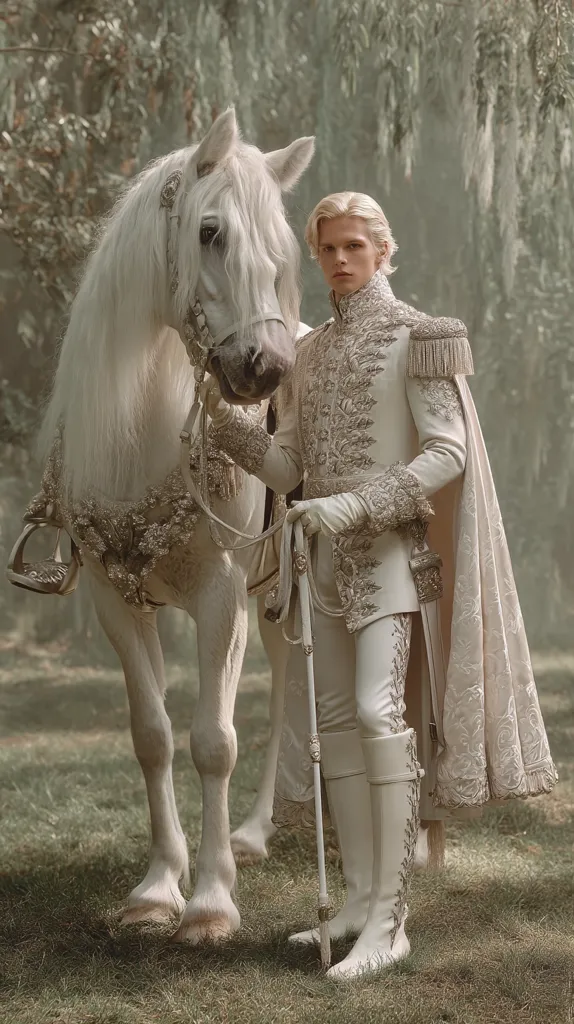 A young man with blond hair stands beside a white horse. He is dressed in an ornate, cream-colored, embroidered military-style coat and matching breeches and tall boots.  The horse is adorned with a delicate, embellished bridle and harness.  The scene is set in a tranquil, wooded area, with a muted color palette creating a serene atmosphere.  The overall aesthetic is elegant and romantic.