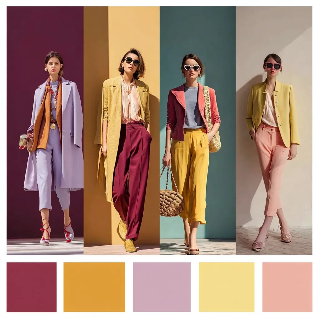 Four fashionably dressed women are showcased against vibrant colored backgrounds. Each woman models a distinct color palette:  burgundy, mustard yellow, lilac, and pale yellow. Their outfits consist of stylish pantsuits and coats, accessorized with sunglasses and bags.  A color swatch below highlights the dominant hues in each look, demonstrating a coordinated and cohesive style.