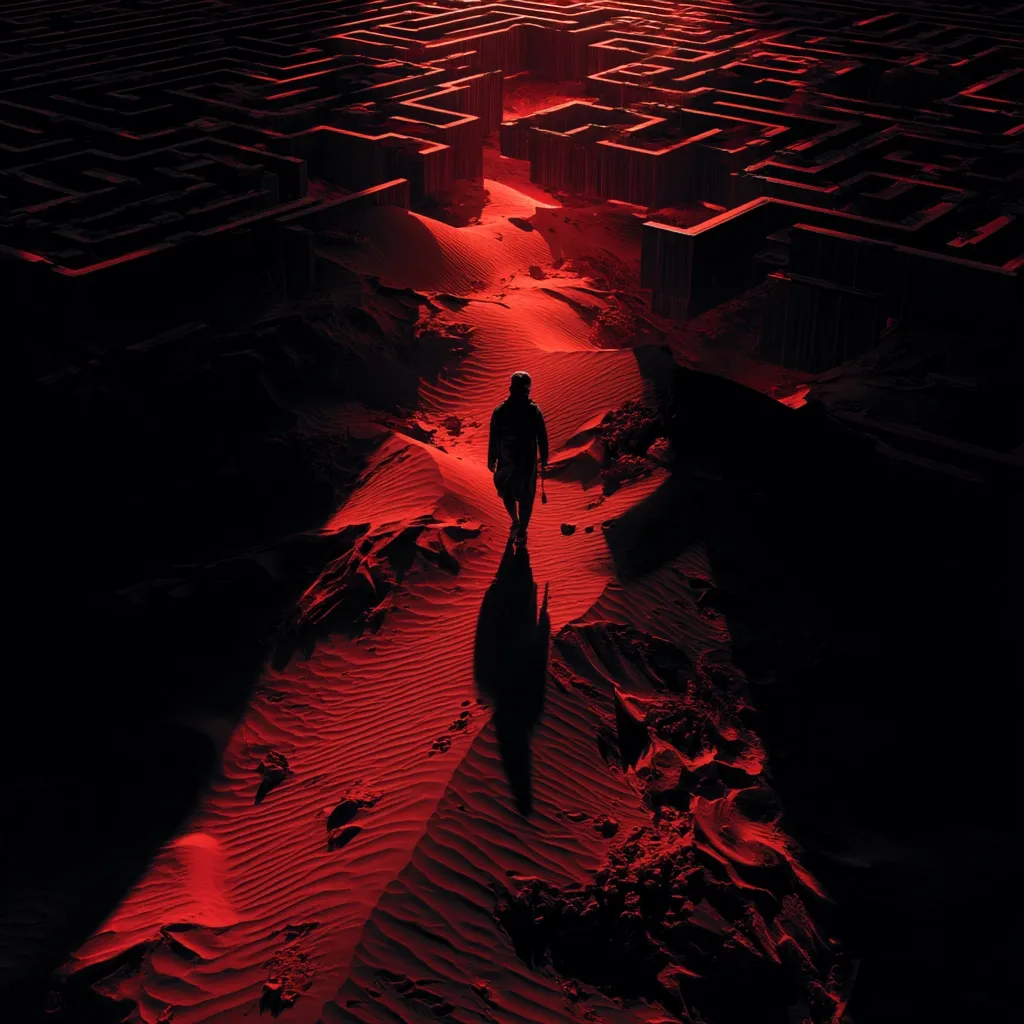 A lone figure walks along a red sand path leading towards a massive, dark maze. The path cuts through the heart of the labyrinth, bathed in an ominous red light.  The person's silhouette is stark against the textured sand, creating a dramatic and mysterious scene. The overall atmosphere is one of isolation and impending challenge.