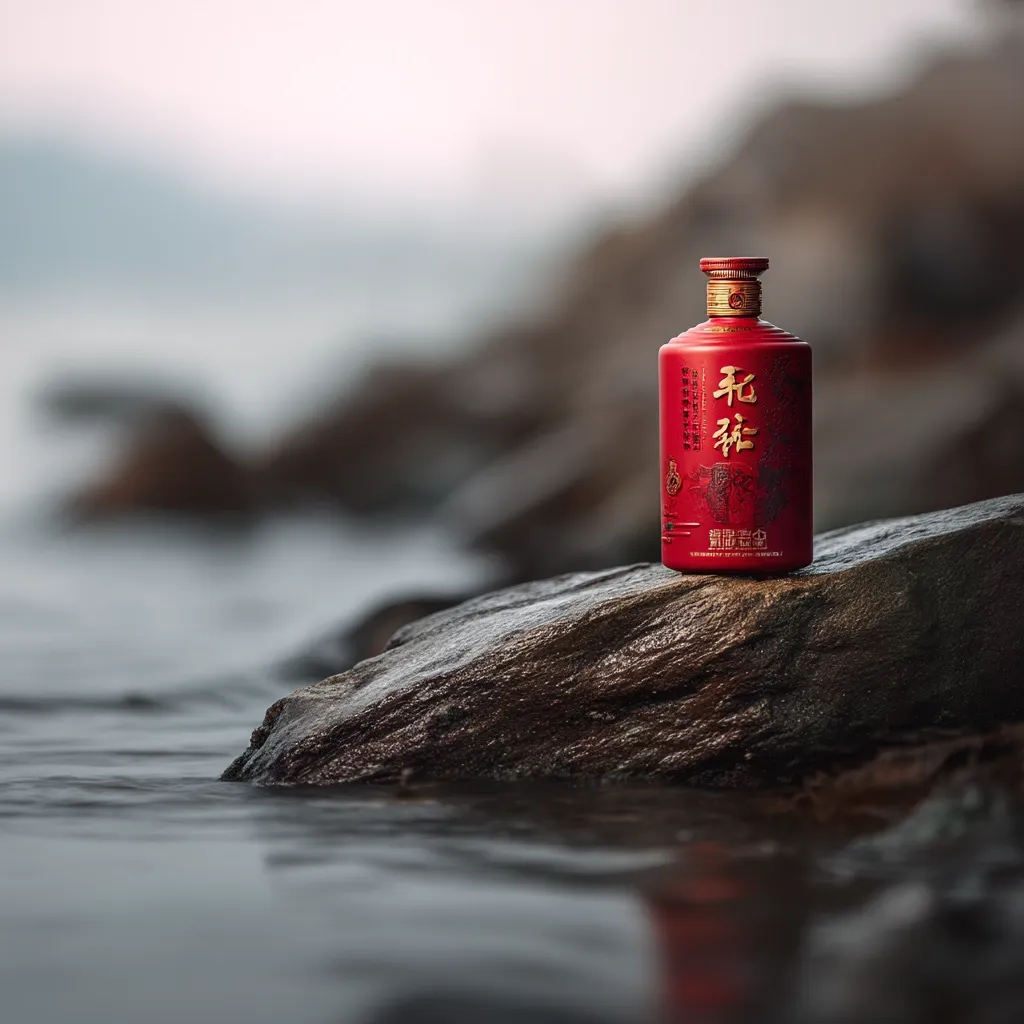 A red bottle of Chinese baijiu rests on a dark, wet rock near the water's edge.  The bottle features gold Chinese characters. The calm water reflects the muted colors of the scene, creating a serene and atmospheric image. The overall mood is one of quiet contemplation and natural beauty.