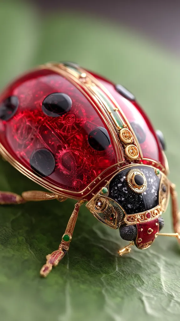 A meticulously crafted jeweled ladybug rests on a green leaf.  Its body is a vibrant red, accented with black dots and intricate gold detailing.  The legs and head are adorned with tiny gemstones, showcasing exceptional craftsmanship. The ladybug's design blends realism with ornate artistry, creating a striking piece.