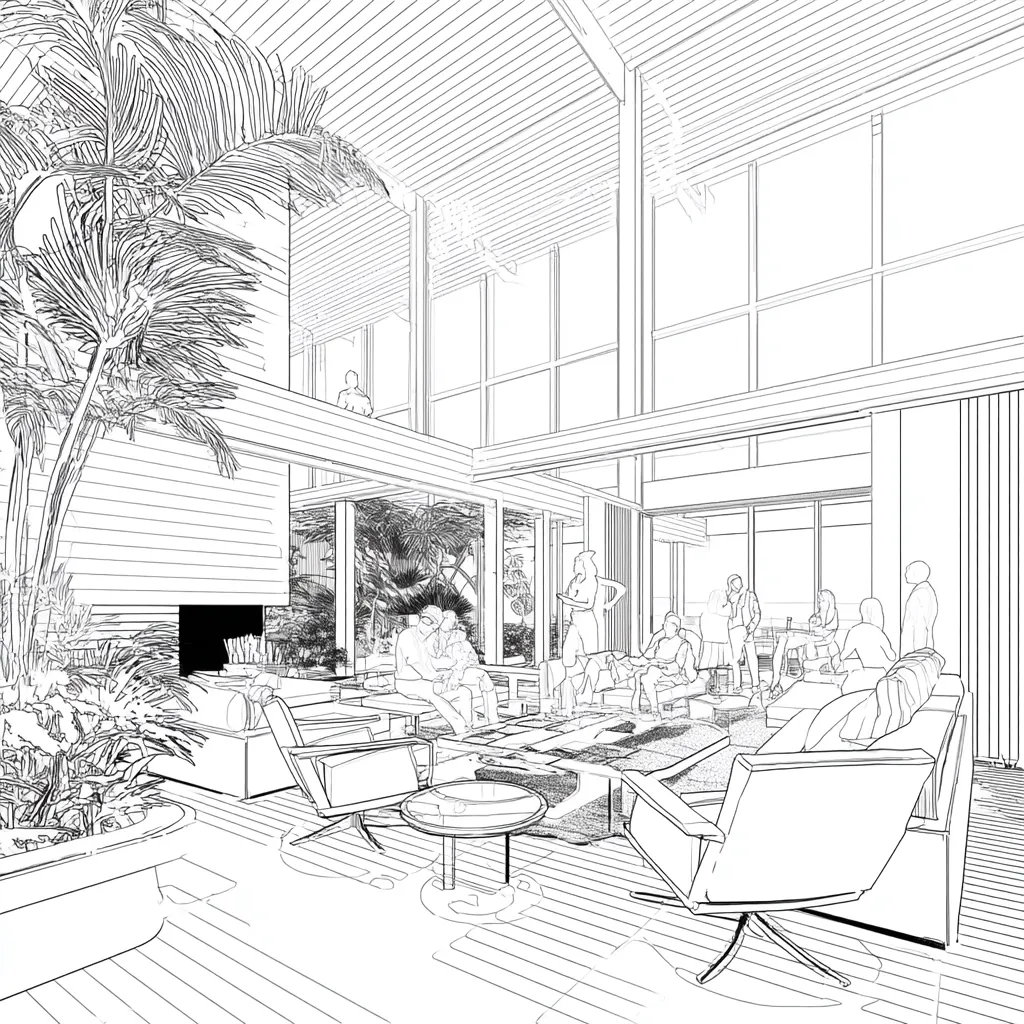 Architectural sketch of a modern, open-plan house.  Large windows flood the interior with light, showcasing a spacious living area with lounge seating arranged around a low rug.  People are depicted socializing, creating a lively atmosphere.  Lush tropical plants and a fireplace add warmth, blending indoor and outdoor spaces.  The high ceilings and exposed beams emphasize the home's airy design.  The style is minimalist yet inviting.