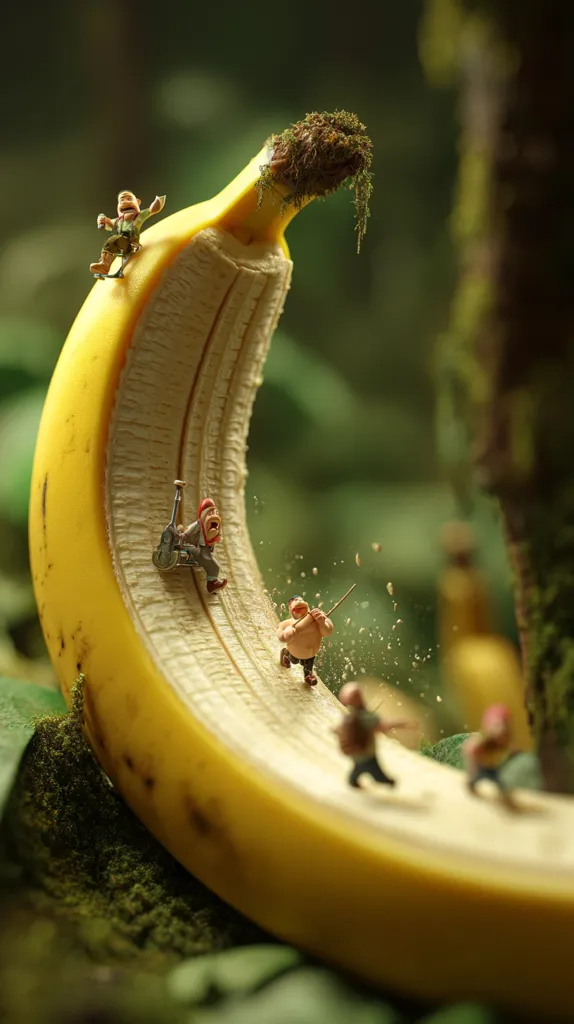 Miniature figures traverse a giant banana peel, creating a whimsical scene.  One figure plays a musical instrument, another carries a spear, while others hike along the curved path.  The banana is partially opened, revealing its inner texture, and rests on a bed of moss in a lush green forest setting. The image is sharply focused, highlighting the contrast between the tiny people and the oversized fruit.