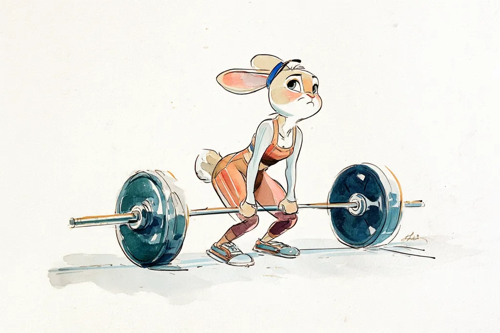 A watercolor illustration depicts a stylized rabbit, possibly Judy Hopps from Zootopia, in a weightlifting stance.  She's wearing athletic attire, a headband, and is preparing to lift a heavy barbell. The style is loose and expressive, with visible brushstrokes, capturing a moment of intense physical exertion. The background is a simple, light wash of color.