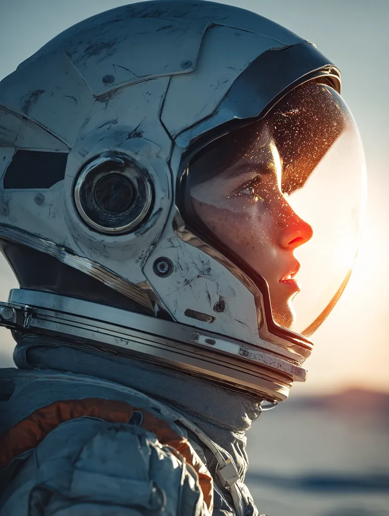 Close-up profile view of an astronaut in a weathered, futuristic helmet.  The helmet's visor reflects a sun-drenched landscape.  The astronaut's face, partially visible, shows a pensive expression. The overall mood is one of solitude and contemplation, possibly on an alien planet.  The image has a cinematic, sci-fi aesthetic.