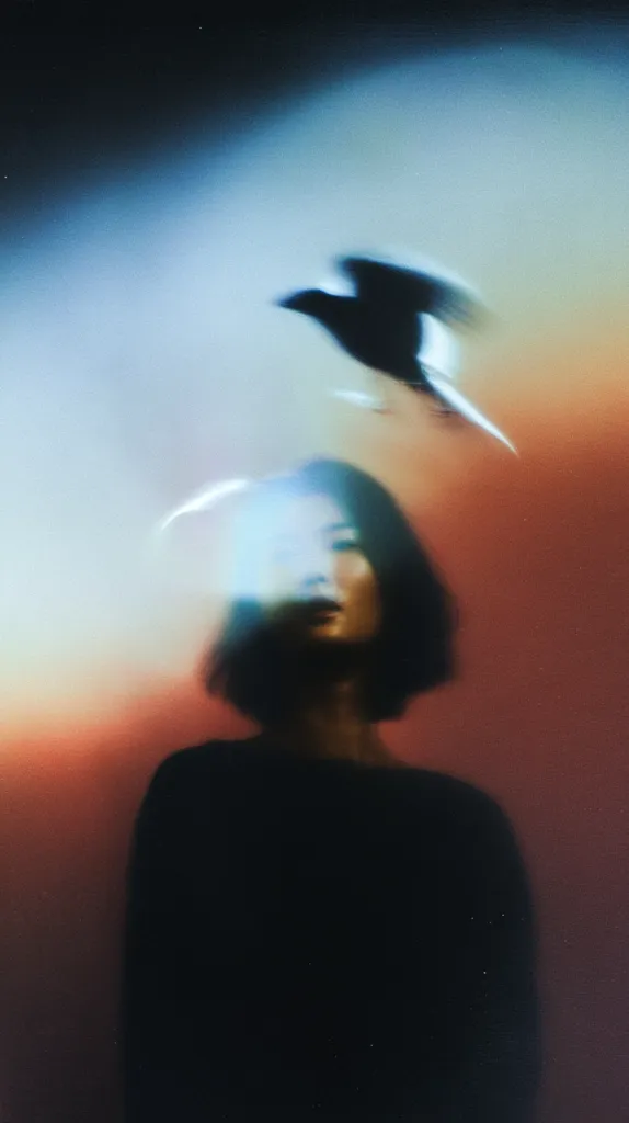 A blurry image depicts a person with short dark hair, wearing a black shirt, standing against a reddish-brown background.  A blurred magpie is superimposed, seemingly flying above the person's head. The overall effect is dreamy and ethereal, with soft, muted colors and a focus on mood rather than sharp detail.  The composition suggests a sense of introspection or contemplation.