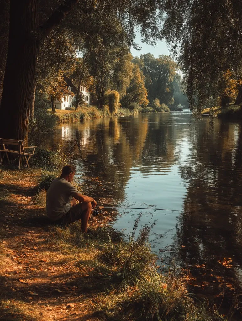 A man sits on the bank of a calm river, fishing rod in hand, under the shade of overhanging trees.  A peaceful autumnal scene unfolds, with a quaint white house visible across the water.  Sunlight filters through the leaves, casting dappled shadows on the riverbank. The atmosphere is serene and tranquil.