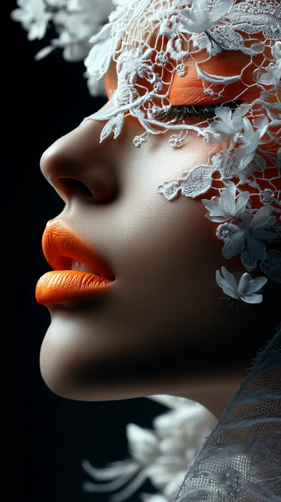 Close-up profile of a woman's face partially obscured by delicate white lace adorned with small white flowers.  Her makeup features vibrant orange eyeshadow and lipstick. The contrast between the bright makeup and the soft lace creates a dramatic and elegant effect against a dark background. The image focuses on texture and contrast, highlighting the intricate details of the lace and the boldness of the makeup.