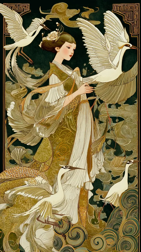 An elegant woman in a flowing gold and ivory gown is depicted amidst a swirling composition of stylized cranes.  The artwork is richly detailed with Art Nouveau influences, showcasing a blend of Eastern and Western artistic styles.  The woman's serene expression and the graceful birds create a harmonious and ethereal scene, set against a backdrop of dark greens and golds. The overall effect is one of serene beauty and delicate balance.