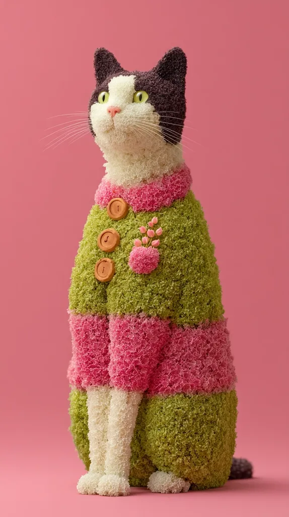 A charming tuxedo cat, crafted from textured floral material, sits against a pink backdrop.  It's adorned in a miniature sweater featuring pink and green sections, accented with small floral details and orange buttons. The cat's expression is serene, and its fluffy texture is visually captivating. The overall image is soft, whimsical, and visually appealing.