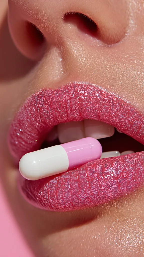 Close-up of a woman's lips, glossy and pink, holding a pink and white capsule between her teeth.  The image focuses on the texture of the lips and the pill, creating a visually striking contrast between the smooth pill and the slightly textured lip gloss. The overall aesthetic is bold and slightly surreal.