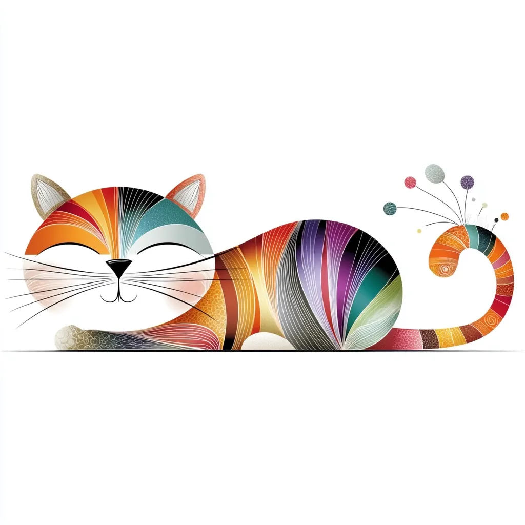 A stylized illustration of a cat lying down. The cat is depicted in vibrant, multicolored stripes, creating a rainbow effect. Its eyes are closed, suggesting serenity.  The tail is playfully curled, adorned with small, colorful circular shapes resembling dandelion puffs. The overall style is whimsical and artistic.