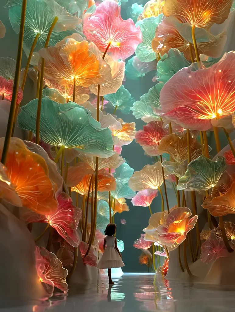 A young girl in a white dress walks down a path illuminated by luminous, translucent flowers.  The flowers, resembling oversized lotus blossoms, glow in vibrant hues of pink, orange, and teal, creating a magical, ethereal atmosphere. The scene is surreal and dreamlike, with a reflective surface mirroring the enchanting floral pathway.  The overall impression is one of wonder and tranquility.