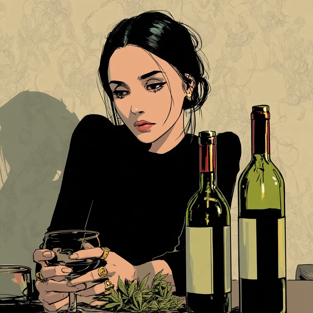A stylized illustration depicts a young woman with dark hair, dressed in black, sitting at a table.  She holds a glass of wine, her expression melancholic. Two wine bottles and a small amount of marijuana sit on the table beside her. The background is a muted, patterned wallpaper. The overall mood is somber and introspective.