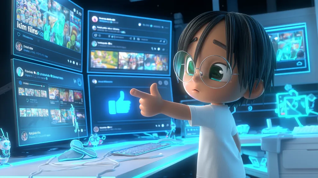 A cute, stylized cartoon boy with glasses sits at a futuristic computer setup.  Multiple screens display social media feeds filled with vibrant images and videos.  He gestures with his hand, pointing towards a large thumbs-up icon on one monitor, suggesting engagement with online content.  The scene is brightly lit with neon blue accents.