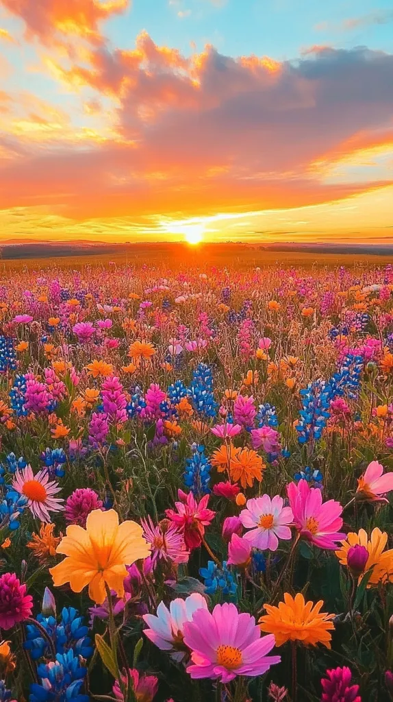 A vibrant wildflower meadow stretches to the horizon, bathed in the warm glow of a setting sun.  A kaleidoscope of colors—orange, pink, purple, and blue—fills the field, creating a breathtaking scene. The sky is ablaze with fiery orange and soft pink hues, enhancing the beauty of the blooming flowers.  The sun dips below the horizon, casting a golden light across the landscape.