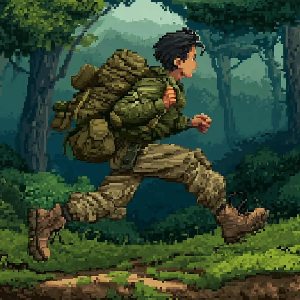 A pixel art depiction of a person, possibly a soldier or hiker, running through a lush forest.  They wear camouflage attire and carry a large backpack. The scene is dimly lit, emphasizing the verdant surroundings and the figure's determined movement.  The style is reminiscent of classic video games, with a focus on bold colors and simplified shapes.