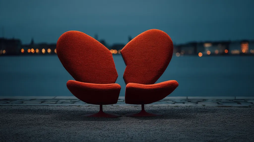 Two vibrant red, ovular chairs sit side-by-side, slightly separated, facing the viewer.  They are positioned outdoors on a dark, textured surface, with a blurred cityscape and dark water in the background. The scene evokes a feeling of solitude or separation, emphasized by the chairs' distinct yet proximate positioning. The lighting is moody, with the chairs brightly lit against the dark background.