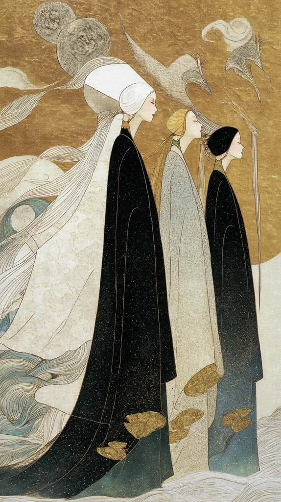 Three elegant figures, adorned in flowing robes of black, off-white, and blue-grey, stand against a gold-toned backdrop.  Their long hair streams behind them, blending with ethereal, wave-like patterns.  They wear stylized head coverings, adding to their mystical appearance.  The artwork features subtle gold accents, enhancing the overall sense of serenity and otherworldly beauty.  Birds and swirling clouds complete the celestial scene.
