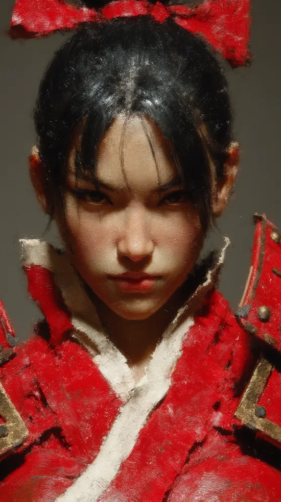 A close-up portrait of a young woman with dark hair tied up in a bun with a red ribbon. She wears a vibrant red kimono-style garment adorned with gold accents. Her expression is serious and intense, her gaze directed straight ahead. The style is reminiscent of digital painting with visible brush strokes, creating a textured and dramatic effect.  The overall mood is one of strength and determination.