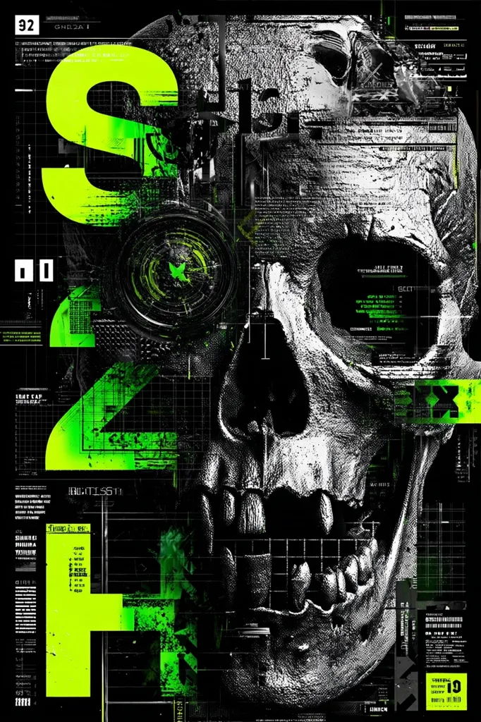 A striking digital artwork features a skull overlaid with a futuristic, technological aesthetic.  Bright neon green elements, including large numerals and abstract shapes, contrast sharply against the grayscale skull and background.  Data streams and grid patterns suggest a cybernetic or digital world. The overall effect is gritty, intense, and visually captivating.