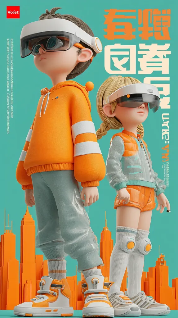 Two stylized children, a boy and a girl, wear futuristic orange and gray outfits and high-top sneakers.  They're depicted against a teal backdrop featuring simplified orange cityscape buildings. Both children sport sleek, white head-mounted displays, suggesting virtual reality or augmented reality technology. The image's overall aesthetic is vibrant and playful, blending futuristic elements with a cartoonish style.  Chinese characters are visible in the background.