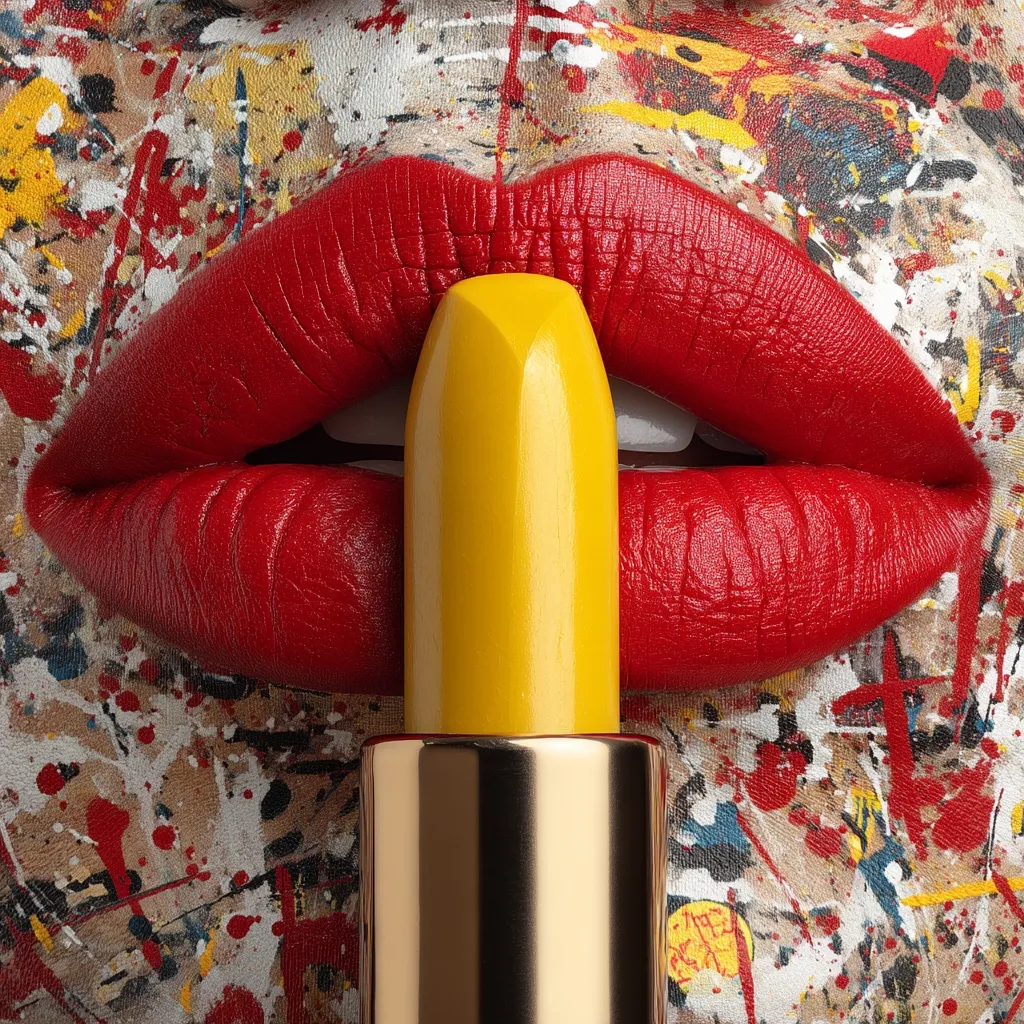 Close-up of vibrant red lips against a backdrop of abstract, multicolored paint splatters.  A bold yellow lipstick tube is positioned between the lips, creating a striking contrast. The image is a stylized composition, possibly for cosmetics advertising, showcasing both the lipstick color and the texture of the paint.