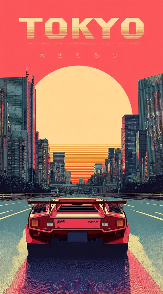 A vibrant illustration depicts a red Lamborghini Countach driving through a stylized Tokyo cityscape at sunset.  Tall buildings line a wide road, creating a dramatic backdrop.  The large, setting sun is a prominent feature, casting a warm glow on the scene.  The word "TOKYO" is displayed prominently at the top, with Japanese characters underneath.  The image evokes a feeling of speed, energy, and the iconic imagery of Tokyo.