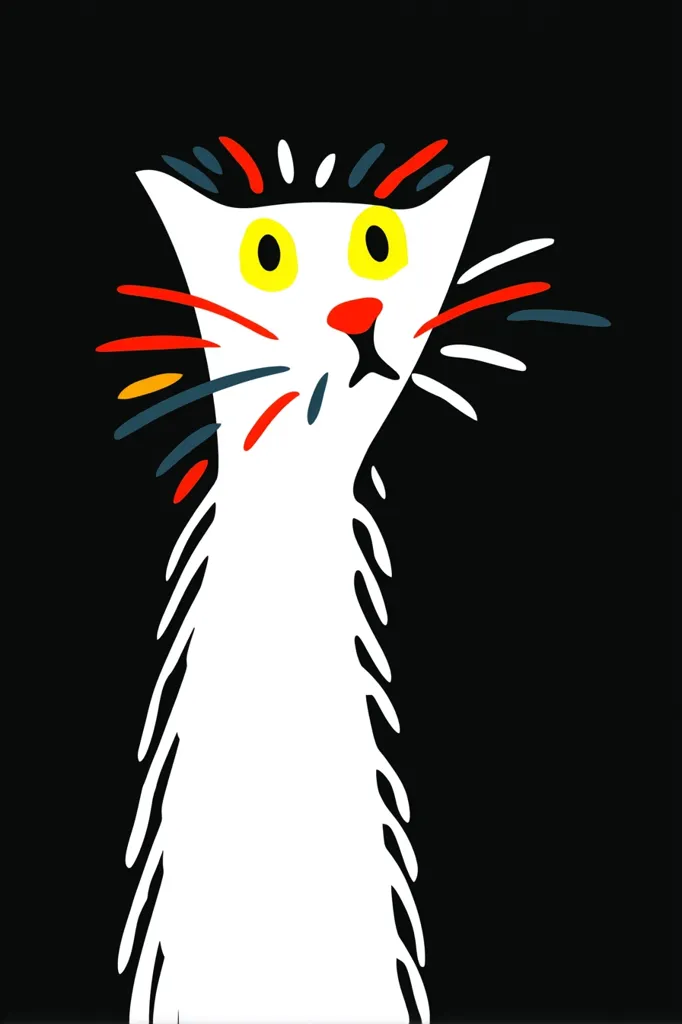 A stylized white cat is depicted against a black background.  Its features are simplified, with large yellow eyes and bold red, orange, and blue whiskers. The cat's body is elongated, and its fur is suggested by textured black lines along its sides. The overall style is reminiscent of children's book illustration or modern art. The cat appears surprised or curious.