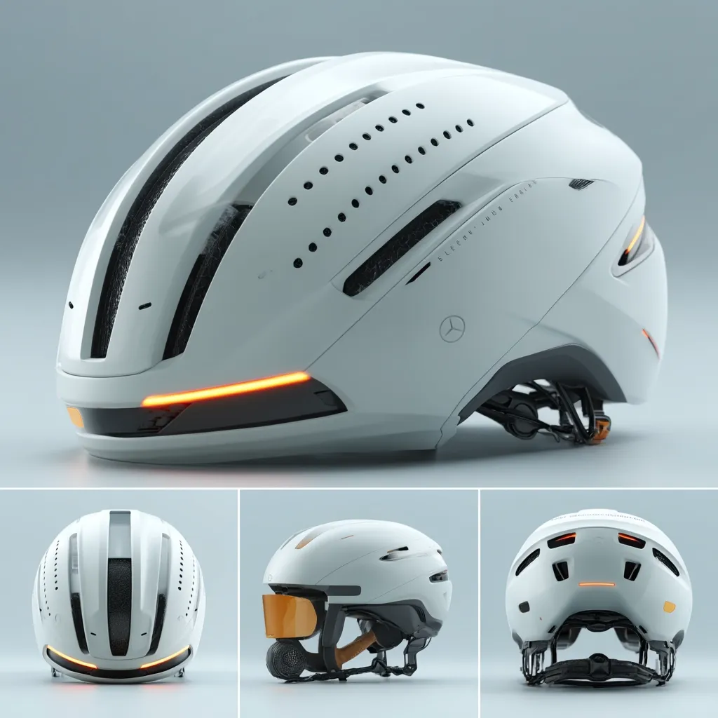 A sleek, futuristic bicycle helmet is showcased from multiple angles.  Its white shell features a perforated design and integrated orange LED lighting.  The helmet's minimalist aesthetic is highlighted, suggesting advanced technology and safety features.  Different views demonstrate its unique form and potential attachments.  The Mercedes-Benz logo is subtly visible.