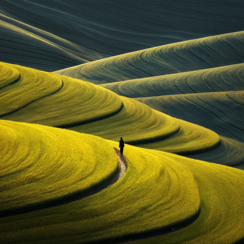 A lone figure walks a winding path through vibrant, undulating fields of golden yellow.  The rolling hills create a mesmerizing pattern, contrasting with the darker, shadowed slopes in the background. The scene is peaceful and evokes a sense of solitude amidst the beauty of nature's artistry.  The person's silhouette is small against the vastness of the landscape.