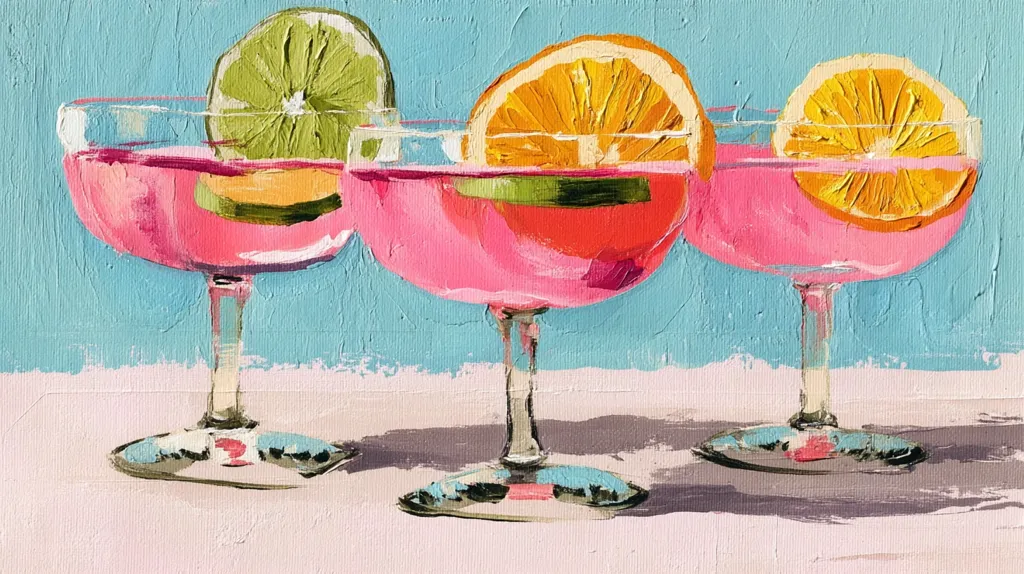 A vibrant painting depicts three coupe glasses filled with a pink cocktail. Each glass is garnished with a citrus fruit slice – lime, orange, and orange – adding a splash of color against the light blue background. The painting style is expressive, with visible brushstrokes creating a textured effect, conveying a sense of summery refreshment and joyful celebration.  The glasses are arranged in a slightly staggered row, creating depth and visual interest.